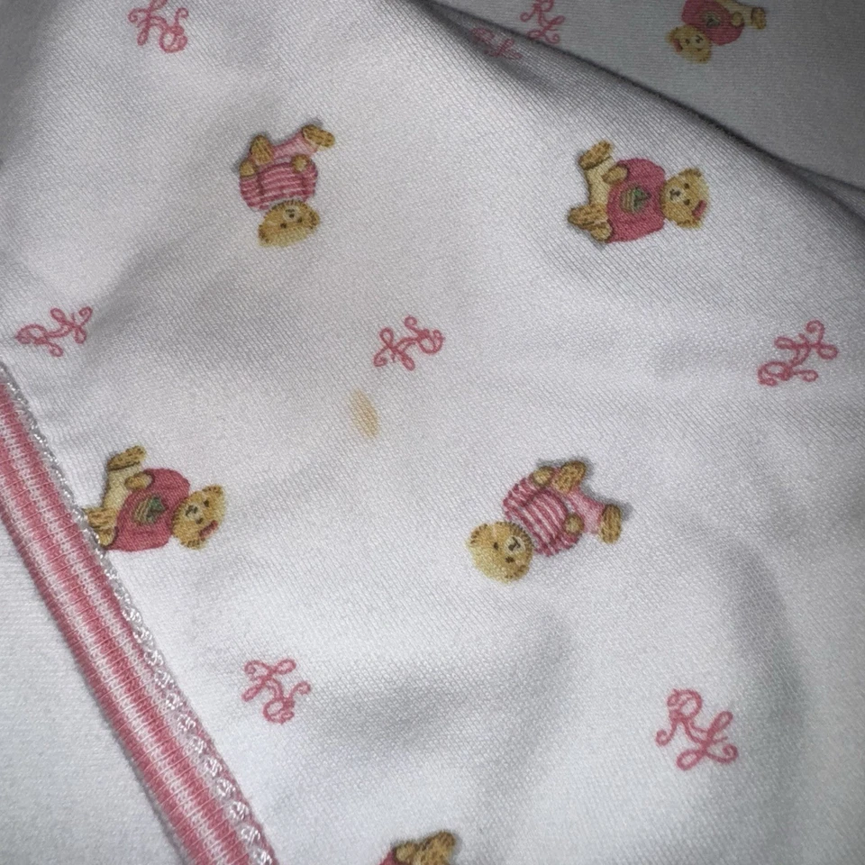 Ralph Lauren Polo Bear 婴儿毯 粉色 白色 泰迪 棉襁褓 复古 25x30 — 第 3/4 张图片