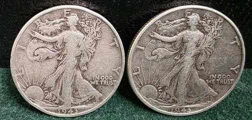 Lot of Two (2) 1943 Walking Liberty Half Dollars, 90% Silver, VF/EF Condition