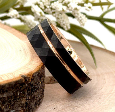8mm Rose Gold Tungsten Ring For Christmas Gift Black Faceted Brushed Finish Band