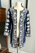 NWT Lucky Brand Women's Blue Floral Embroidered Hook Lined Top Tunic Coat Jacket