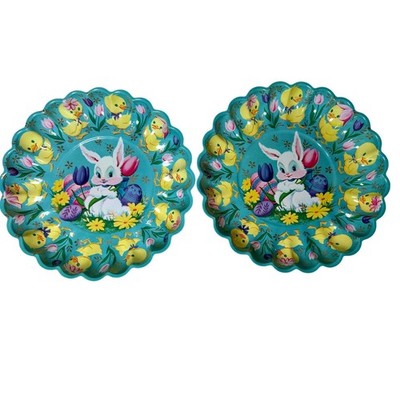VTG Set of 2 Vintage Easter Plates Bunny Chicks Tulips Scalloped Edge