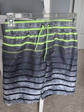 Under Armour Boys Swim Trunks Bathing Suit Grey Bright Green Stripe Youth Medium