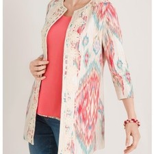 Chico's Linen Ikat Open Cardigan Size 2 12/14 Soutache Trim Southwestern Aztec