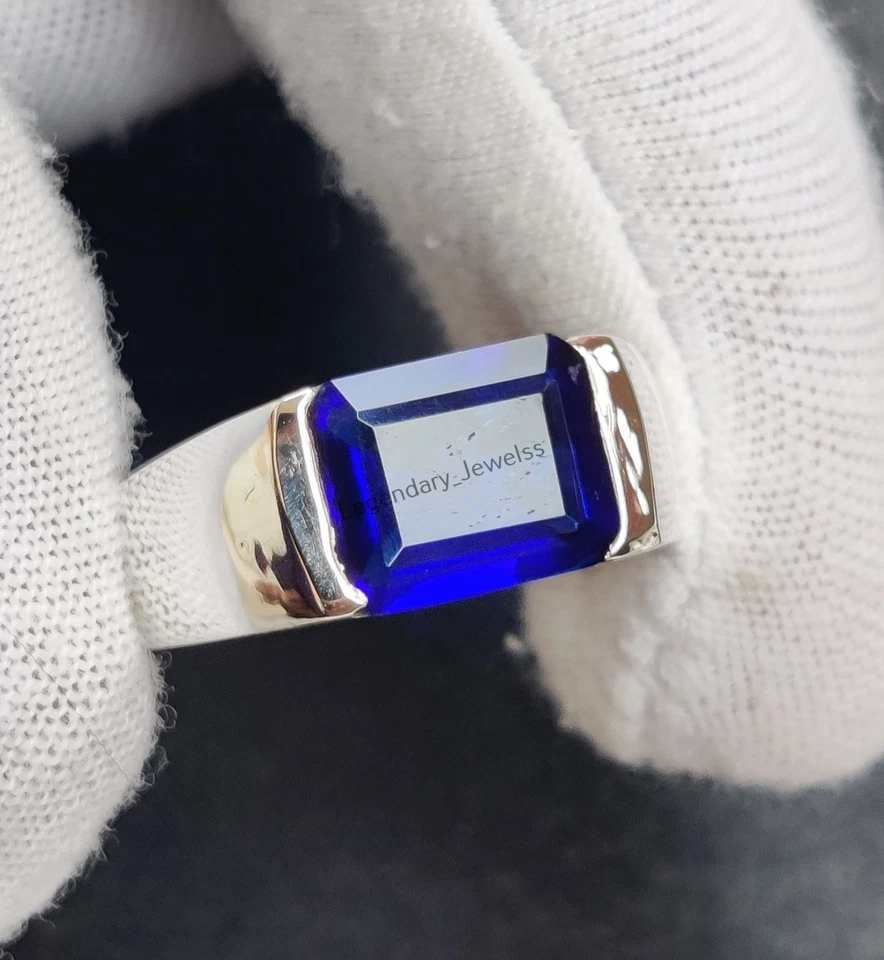 Piedra preciosa de zafiro azul natural con anillo hecho a mano de plata de ley 925 para hombre Foto 2 de 4