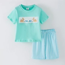 NEW Boutique Easter Bunny Rabbit Train Smocked Boys Shorts Outfit Set