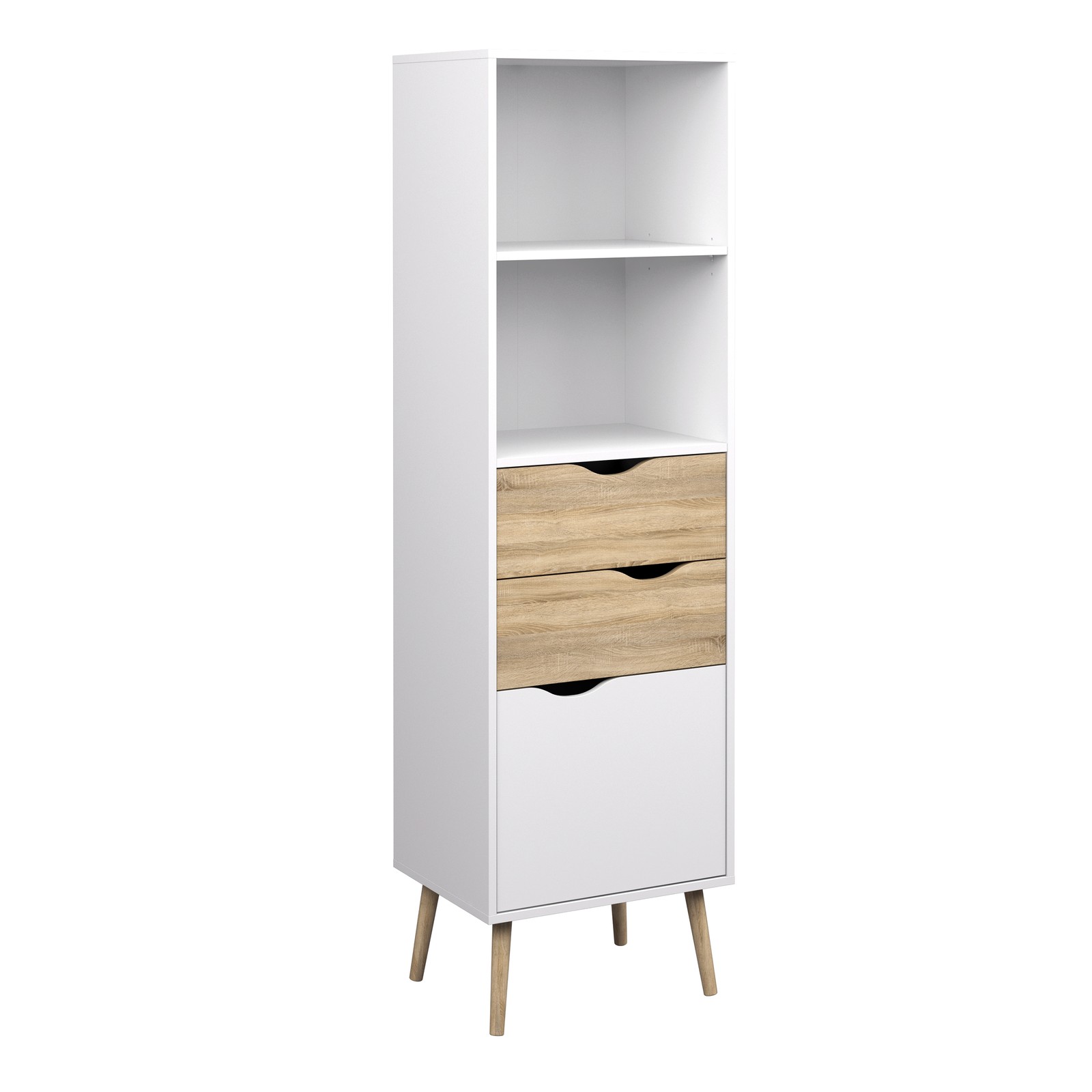 Tall Bookcase with Drawers & Door - White & Oak, Modern Storage Shelf Unit
