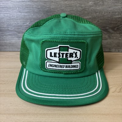 VINTAGE Lesters Engineered Buildings Hat Snap Back Green Mesh Trucker Patch 80s