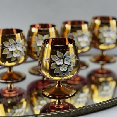 Set/5 Bohemian MCM Gold Ruby Hand Painted Floral Brandy Cognac Snifters Vintage