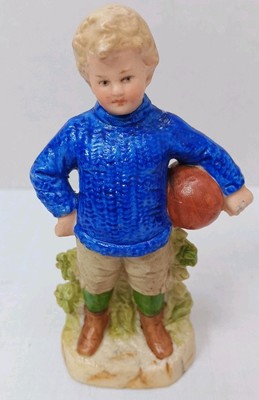 Rare Antique German Bisque Porcelain HEUBACH Boy Football Rugby Figurine 4.5''