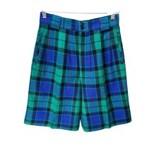 Giorgio Sant'Angelo Shorts Women 8 Green Plaid Pure Wool Pleated 80s VTg Preppy