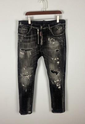 DSQUARED2 Men`s Black Distressed Denim Slim Fit Cropped Jeans Pants Size 56