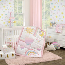 Happy Days Pink, White, and Yellow Rainbows and Sunshine 4 Piece Nursery Crib Be