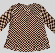 Akris Punto MulberrySilk Blouse Womens 6 Brown Black Checkered Long Sleeve Shirt
