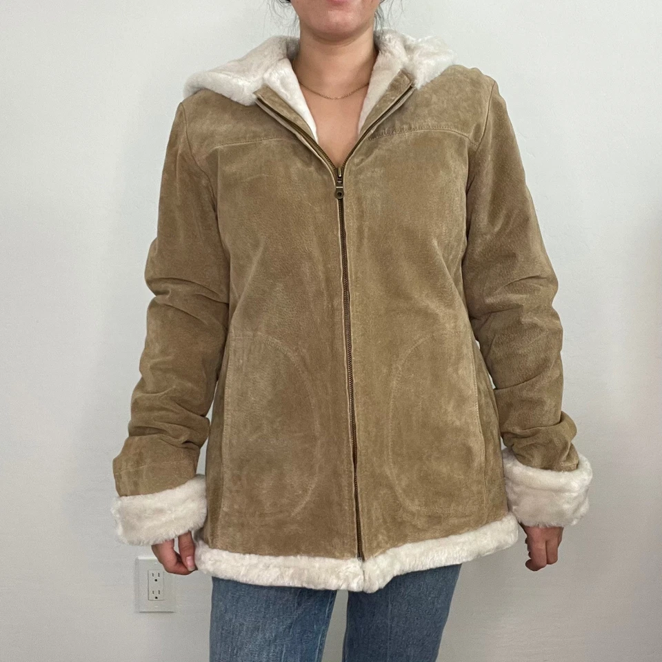 Adler Collection Suede Sherpa Lined Hooded Jacket Coat Size M Full Zip - Image 4 of 4