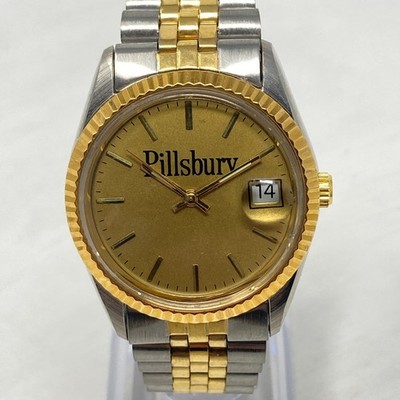 Pillsbury Watch Men 35mm Silver Gold Two Tone Date Bubble Round New Battery 7''