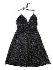 Express 100% Silk Black Gold White Speckled Empire Halter Sun Dress Women 6
