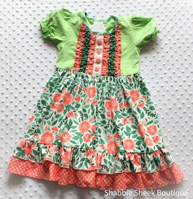 5T Girls Green and Pink Floral with polka dots Ruffle Dress