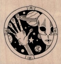 Alien Space Scene Right 2 1/4 x 2 1/4" Rubber Stamp, Alien Stamp, Outer Space