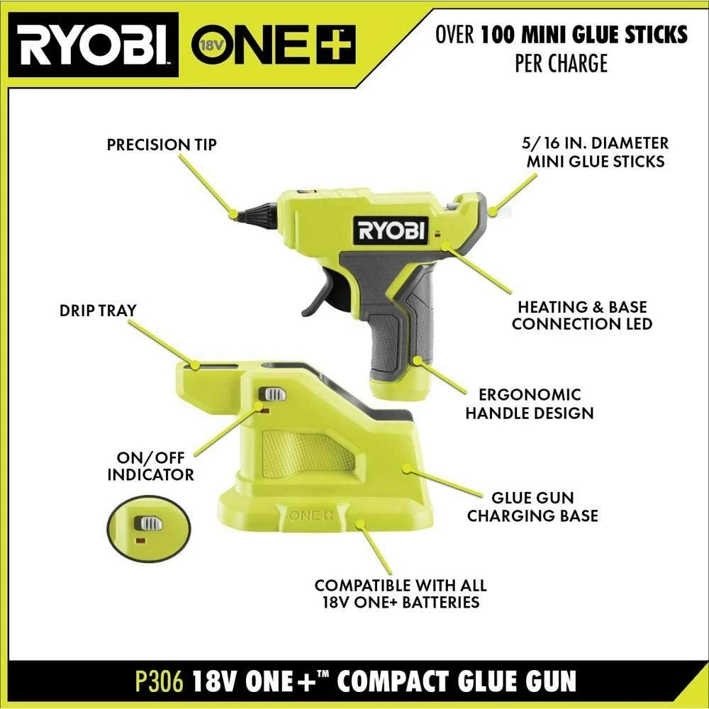 Ryobi P306 18V Cordless Compact Glue Gun With Base Station TOOL ONLY *NEW*