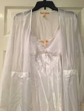 Vtg Flora Nikrooz Satin Nightgown Robe White Bridal Sheer Sequins Size S Small