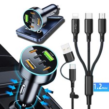 65W Multi-port Type-C PD Fast Car Charger, 4FT 4-in-1 Cable For All Cell Phone