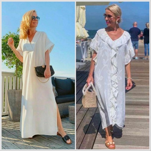 H&M HM Conscious V-Neck LYOCEL or Ruffled Cream FLOUNCED KAFTAN TUNIC Dress - Picture 1 of 15