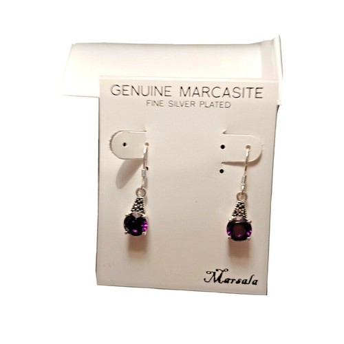 Genuine Marcasite Silver Plated Purple Stone Earings With Matching Necklace 18" - Picture 10 of 12