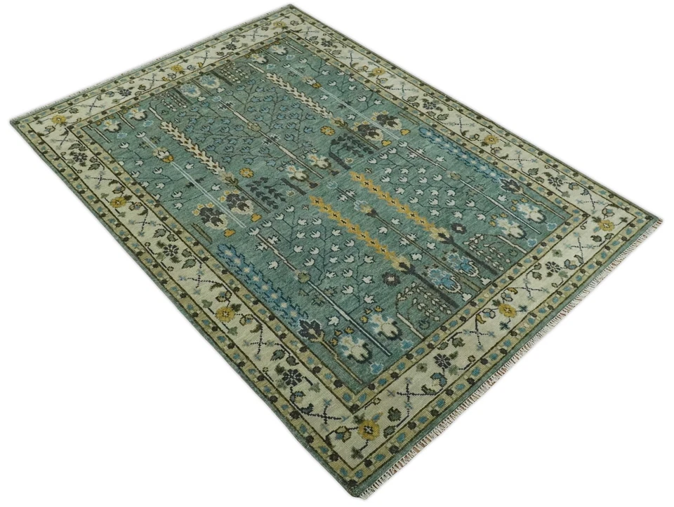 HandKnotted Aqua Ivory Antique Traditional 5x8, 8x10 Wool Area Rug |CP599 - Image 2 of 4
