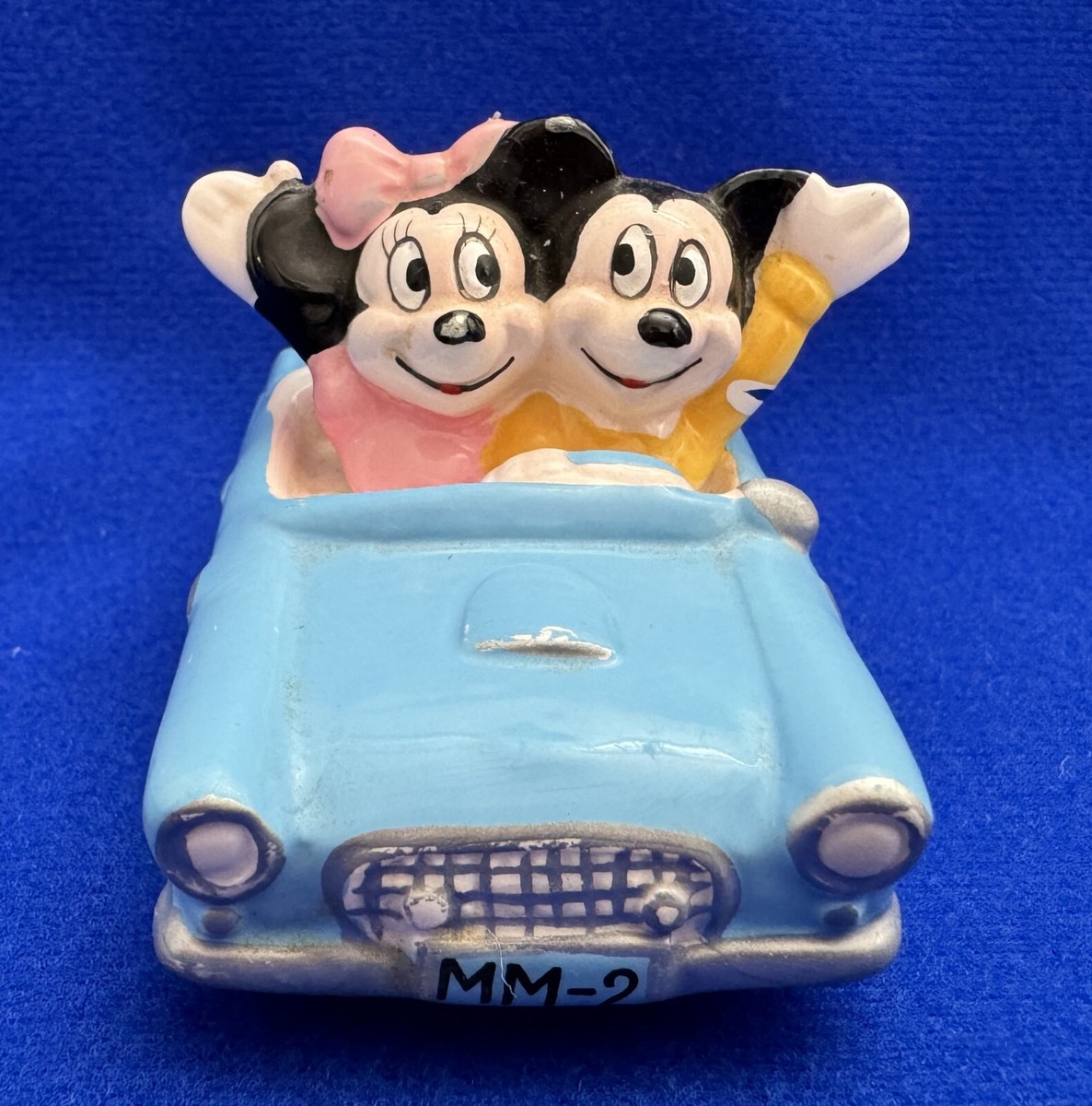 Vintage Disney Mickey & Minnie Mouse Waving in Blue Car