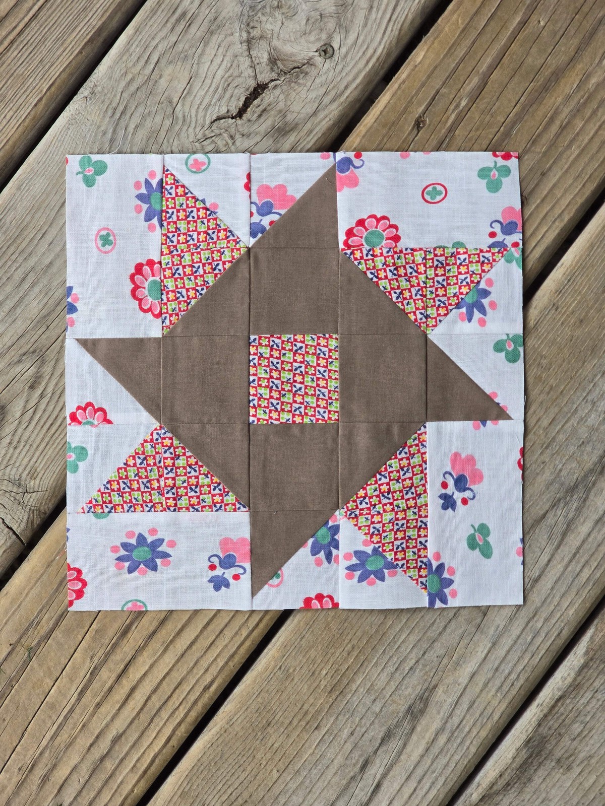 Print and Brown Vintage Quilt Blocks - Set of 6