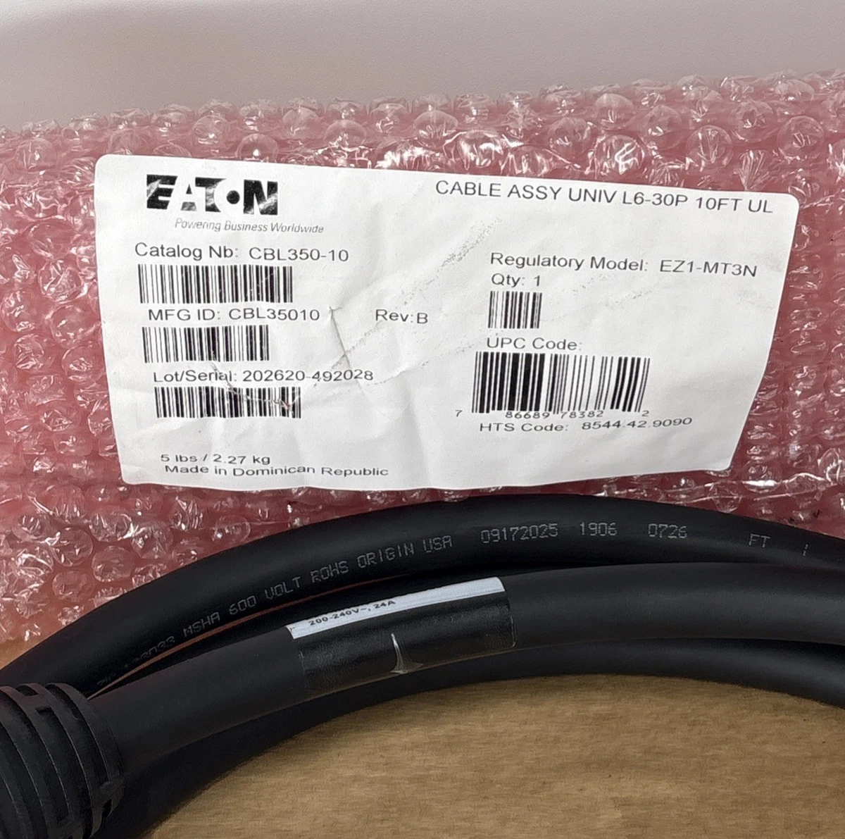 Eaton CBL350-10 Universal Input PDU Power Cable L6-30P 10FT 30A 208V photo 2