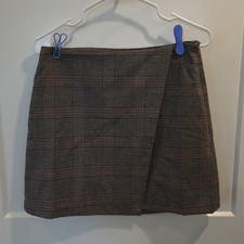 Old Navy Women's Plaid Wrap Short Tweed Skirt High Rise Lined Brown Gray Pink S