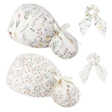 Women Nurse Surgical Scrub Cap Buttons Adjustable Bouffant Bow Hair Scrunchy