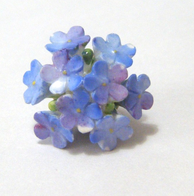 Antique Button small ceramic cluster blue flowers metal shank England  1 "diam.