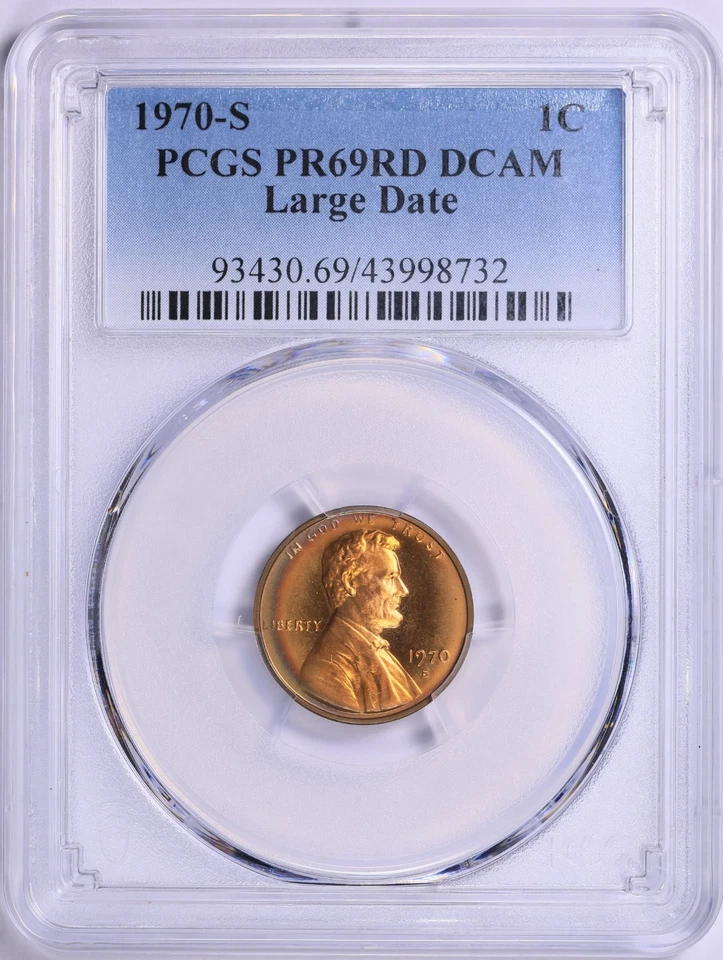 1970 S Lincoln Cent Large Date PCGS PR69 DCAM RED Rainbow Toned