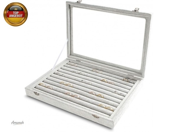 Ringe/Ohrringe Organizer Tablett Mit Klarem Deckel 10 Slots Samt Schublade-image