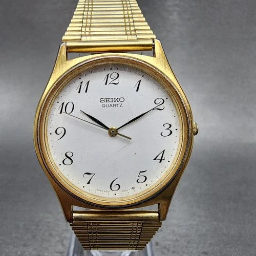 Seiko Watch Men 33mm White Dial Gold Tone Round 9021-7000 New Battery VTG