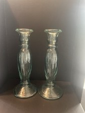 Prior One Spanish Green Recycled Glass 9” Candle Vases Set Of 2