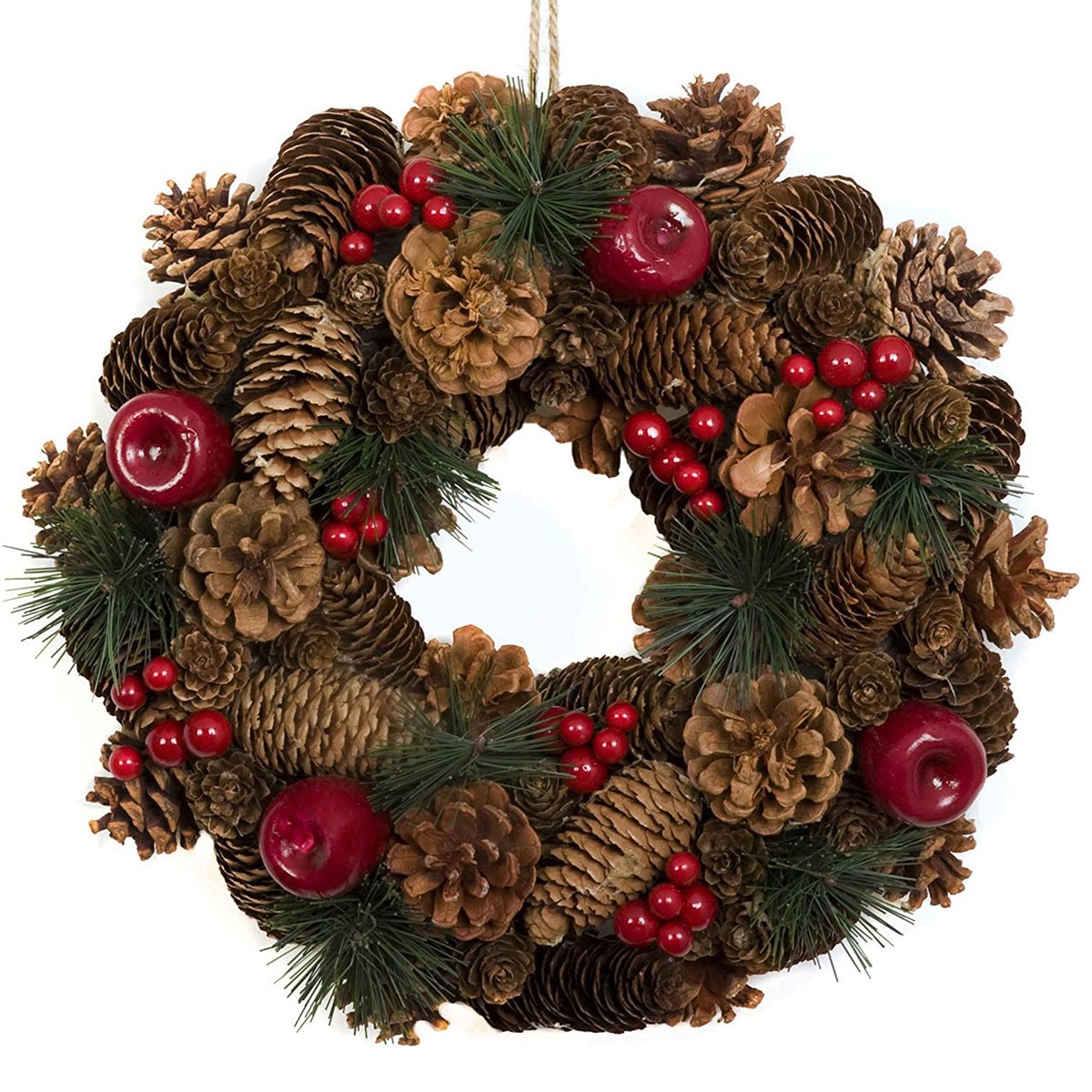 GreenBrokers Christmas Hanging Wreath 32cm Festive Pine Cones & Red Berries