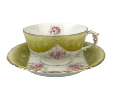 Excelsior Austria Porcelain Teacup & Saucer Green Pink Floral Victorian