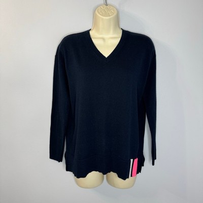 Lisa Todd Patch V-Neck Cotton/Cashmere Sweater Sequin Elbow Patches Navy XS