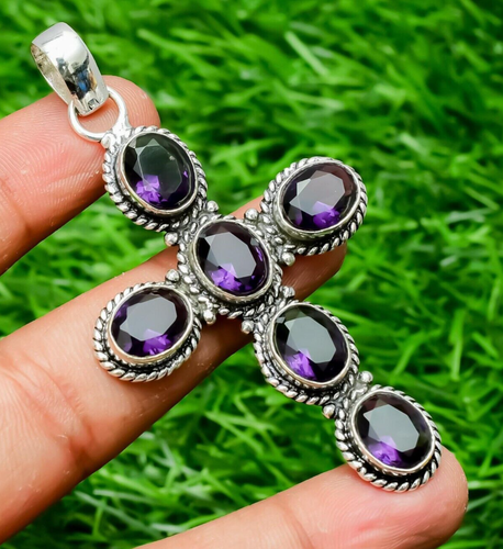 African Amethyst Gemstone 925 Sterling Silver Handmade Jewelry Pendant 2.10"