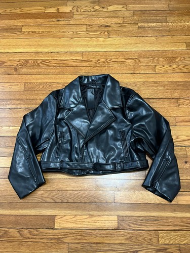 Lioness womens XL black faux leather jacket w/ belt Motorcycle zipper Coat NWT