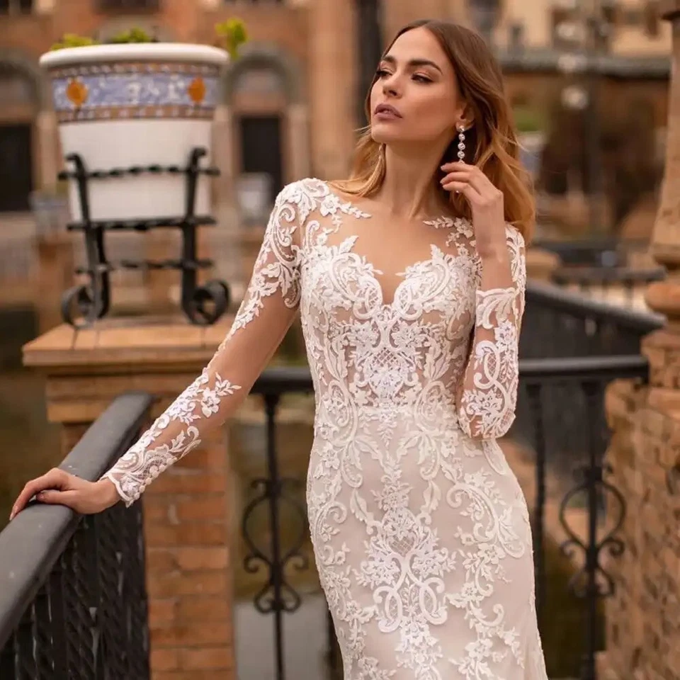 Langarm V-Ausschnitt Appliqué Spitze Meerjungfrau Illusion Brautkleid Hochzeit - Bild 3 von 4