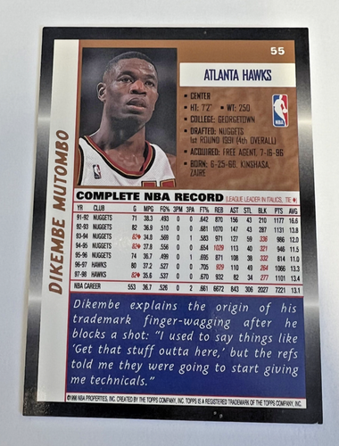 1998-99 Dikembe Mutombo (LSX) 6897 Atlanta Hawks #55 Topps Basketball Card - Picture 2 of 2
