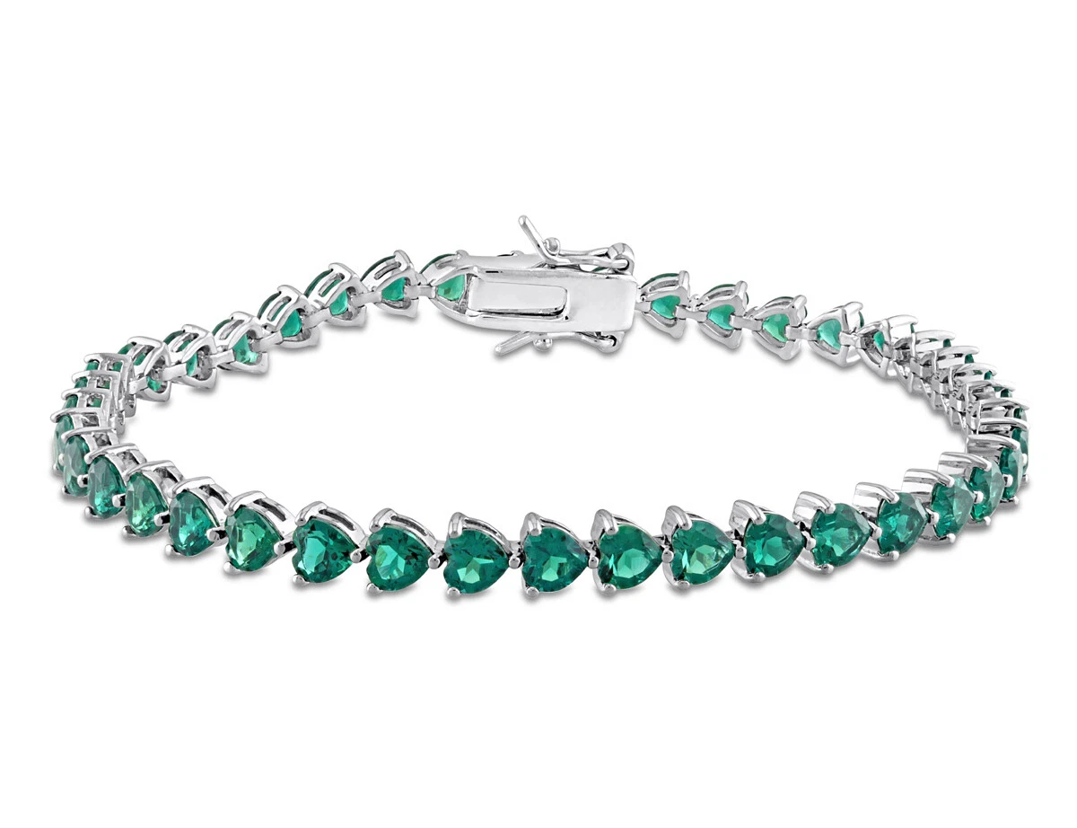 9.40 Carat ctw Lab Created Emerald Heart Bracelet in Sterling