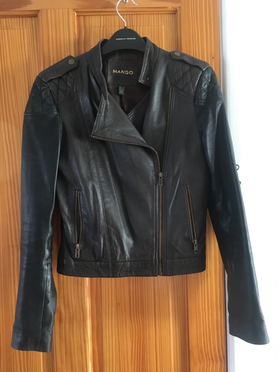 Womens black and brown genuine leather biker jacket size XS from Mango