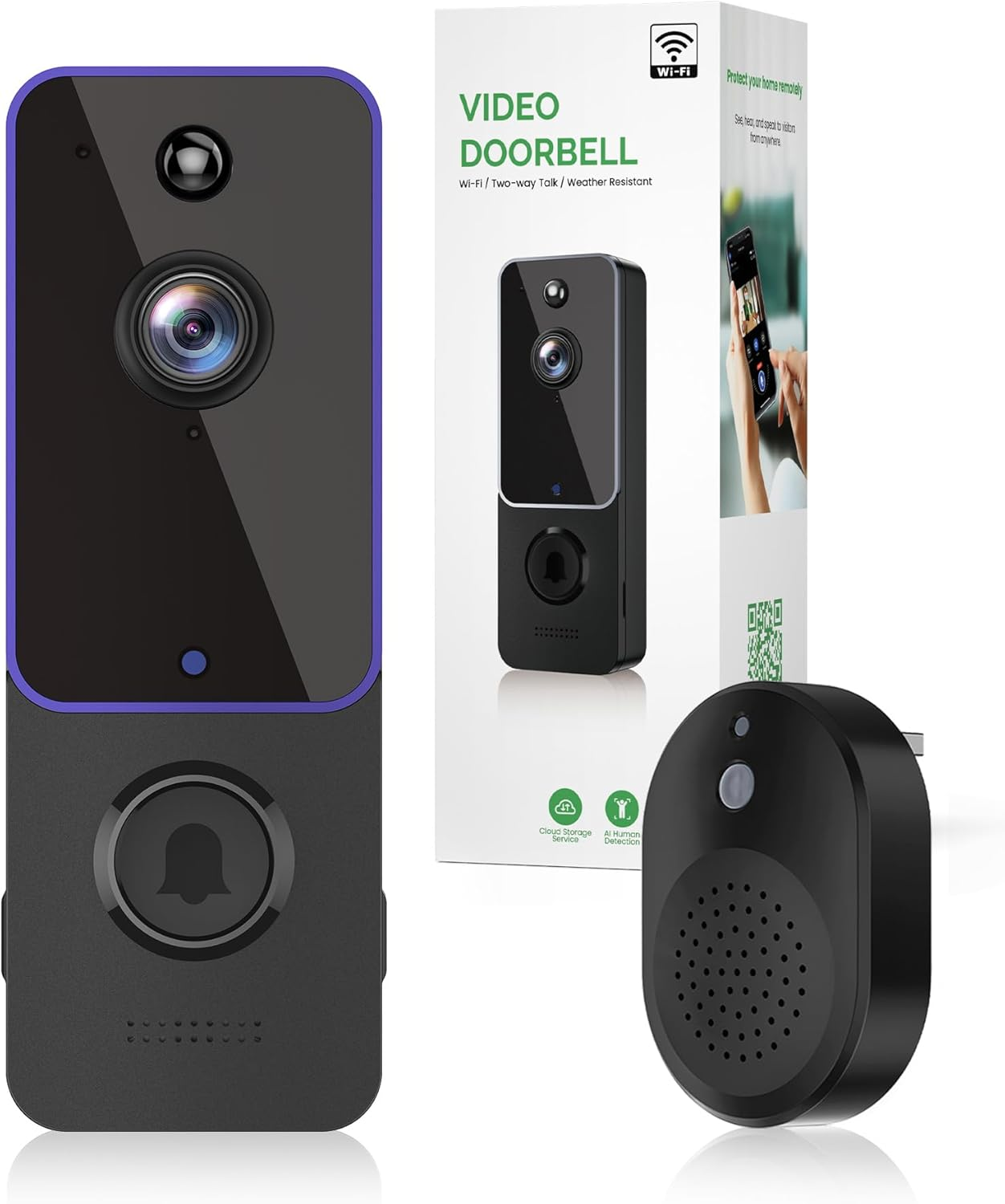 Doorbell Camera Wireless, Smart Video Cam with Chime, AI Human Detection, Two Wa