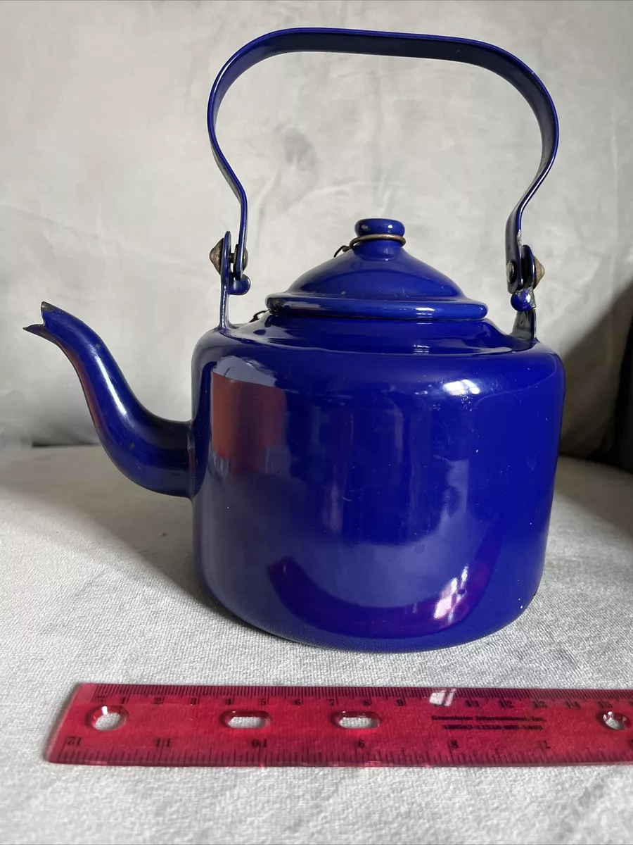 Blue Enamel TeaPot Enamelware Vintage Tea Kettle cobalt gooseneck