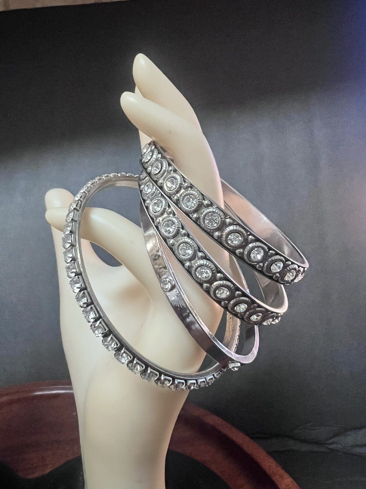 Bangle Bracelets Stackable Silvertone Rhinestones - image 1
